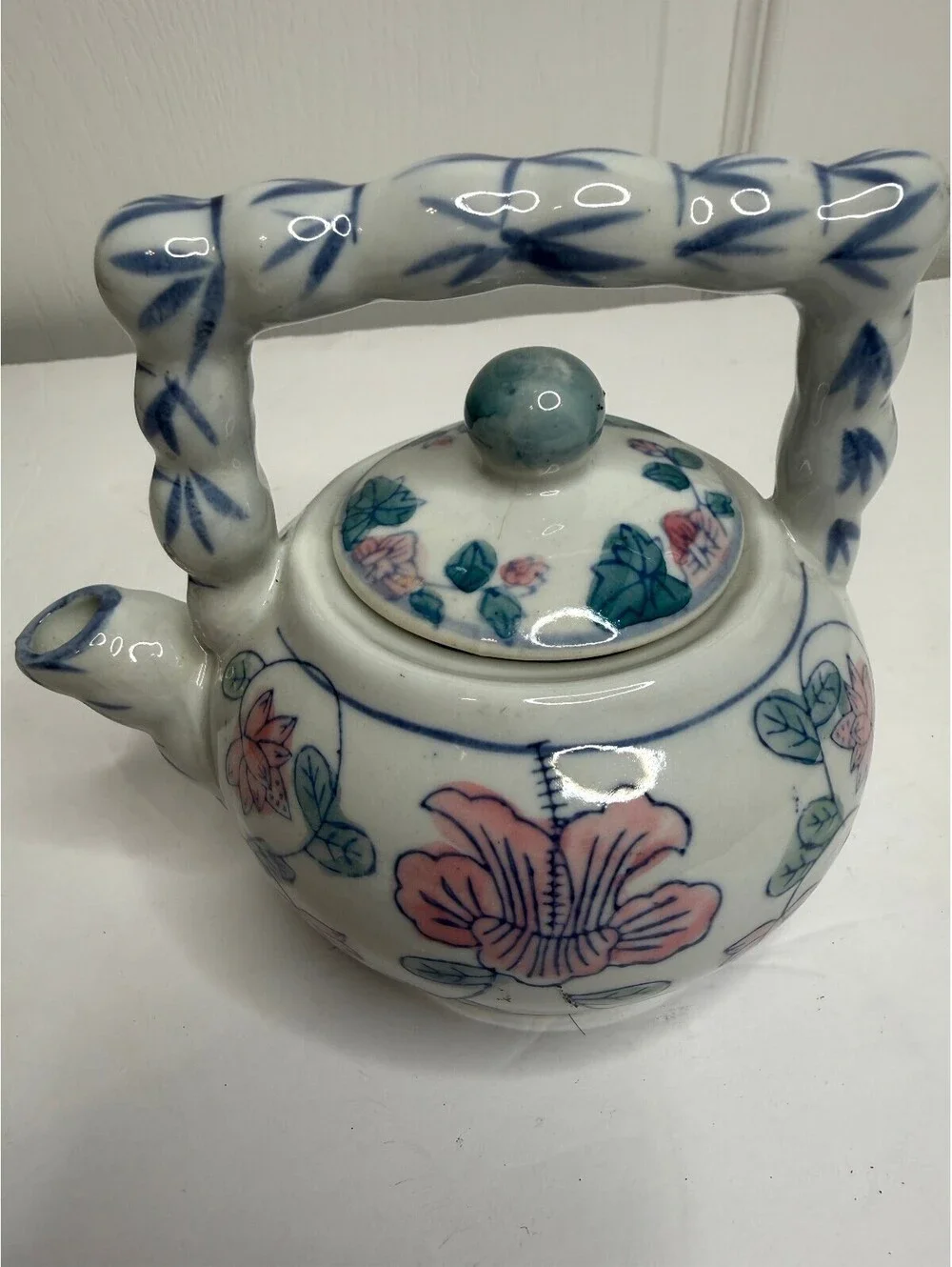 Vintage Asian Style Floral Porcelain Teapot Bamboo Style Handle